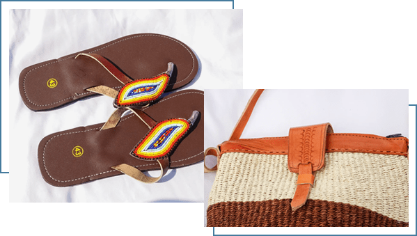 A close up of two sandals and a purse