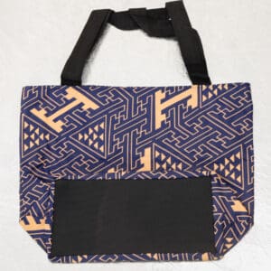 A bag with an orange and blue pattern on it.